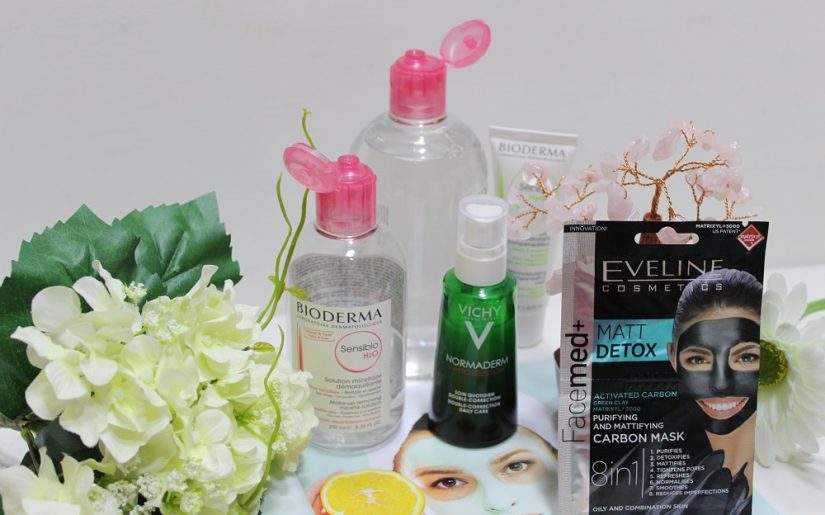 produse antiacnee - Eveline Cosmetics FaceMed+ mască, Vichy Normaderm Phytosolution cremă și Bioderma Sensibio apă micelară
