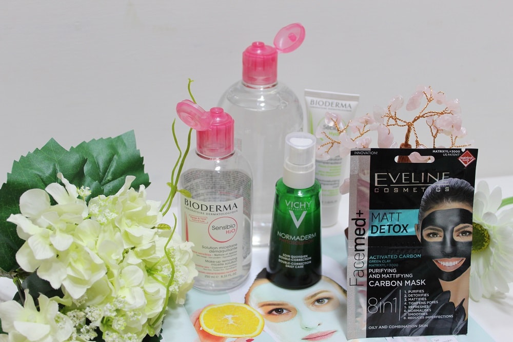 produse antiacnee - Eveline Cosmetics FaceMed+ mască, Vichy Normaderm Phytosolution cremă și Bioderma Sensibio apă micelară